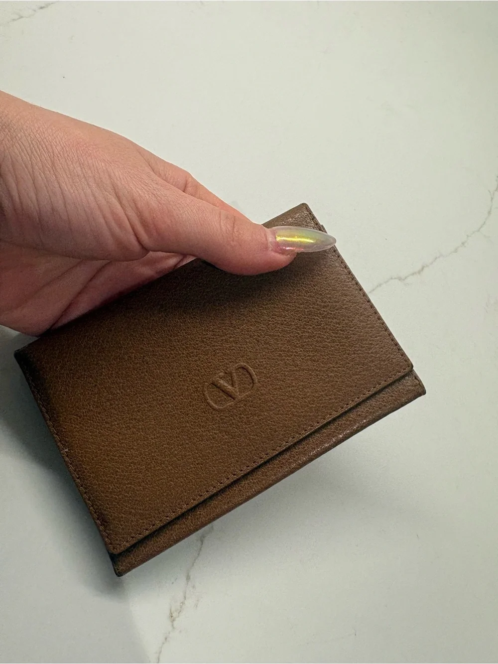 Valentino Garavani Brown Pebbled Leather Card Holder with Embossed V Logo